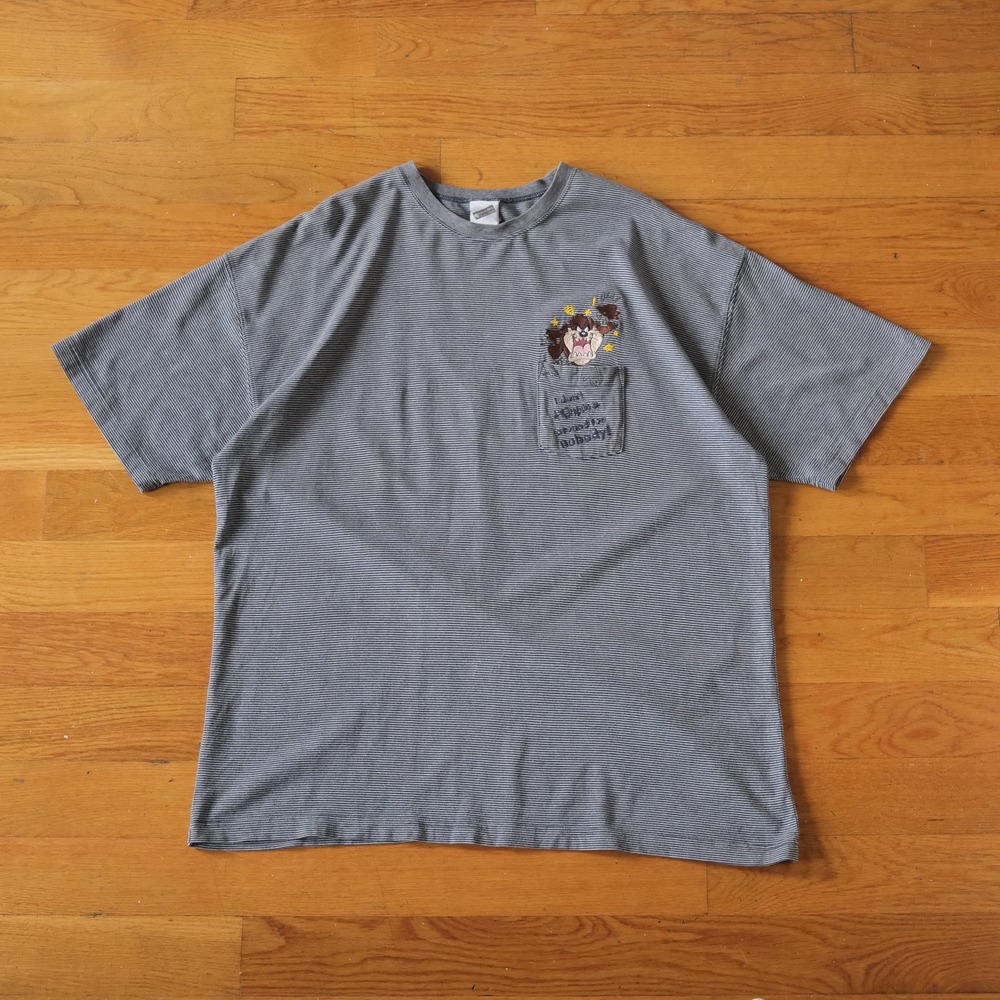 Warner Bros Taz Pocket T Shirt Mens Blue Striped Looney Tunes‎ Vintage XXL 2164